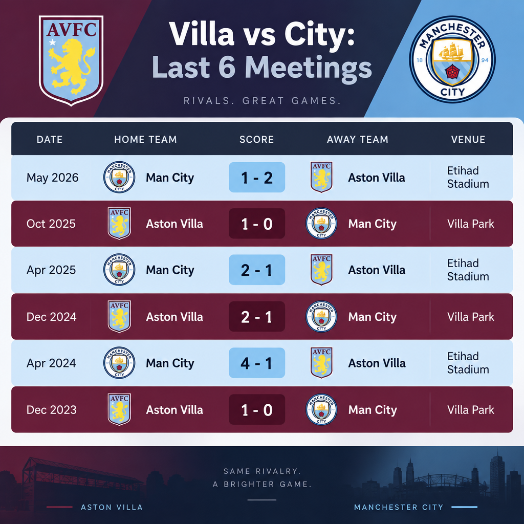 Head-to-Head Recent Results Table