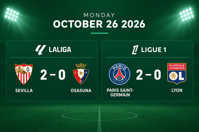 Football results for Monday, October 26, 2026: every score from La Liga, Ligue 1
