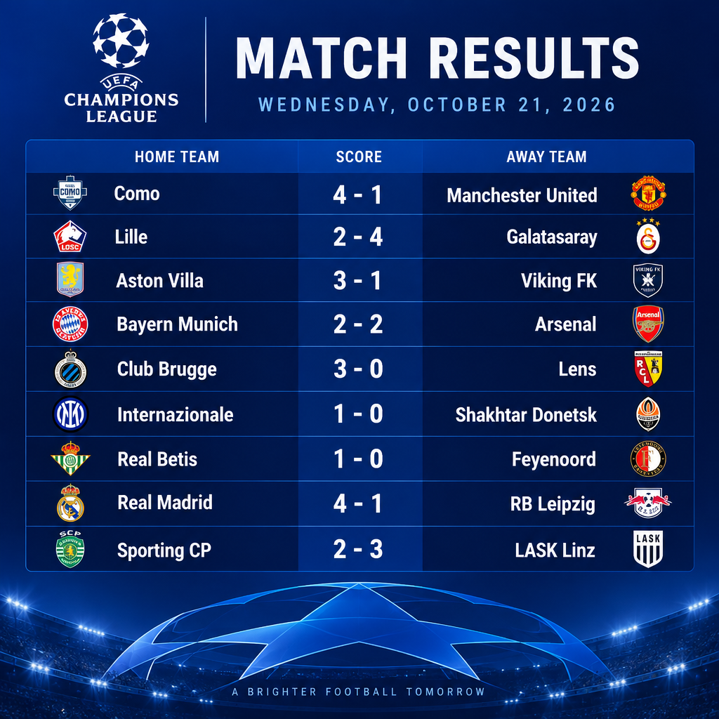Champions League Results Table October 21 2026